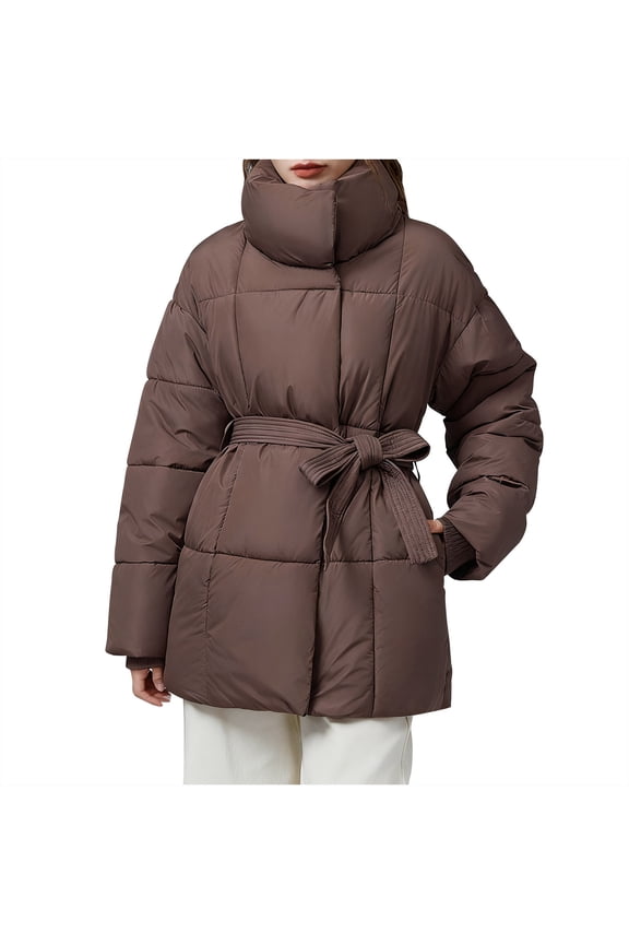 Thicken Puffer Jacket for Women Stand Collar Belted Mid Long Cotton Winter Down Coat with Pockets Puffy Overcoat (M, Coffee)