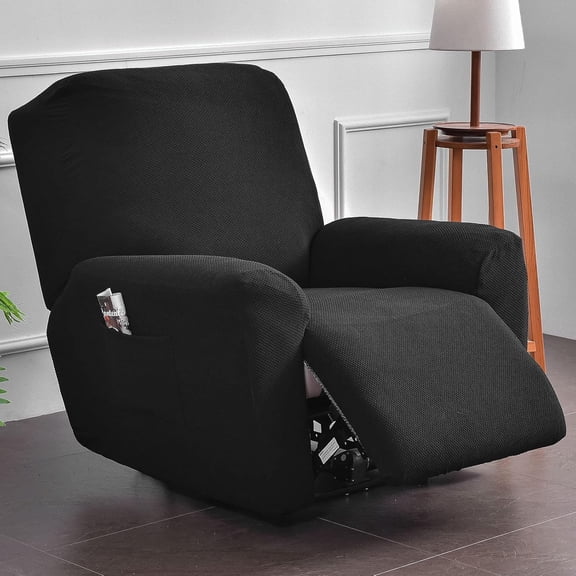 Thicken Recliner Chair Covers with Pockets, 4 Piece Recliner Slipcovers Stretch Reclining Chair Cover Jacquard Non-Slip Furniture Protector Washable-Black