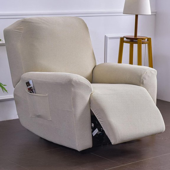 Thicken Recliner Chair Covers with Pockets, 4 Piece Recliner Slipcovers Stretch Reclining Chair Cover Jacquard Non-Slip Furniture Protector Washable-Rice White