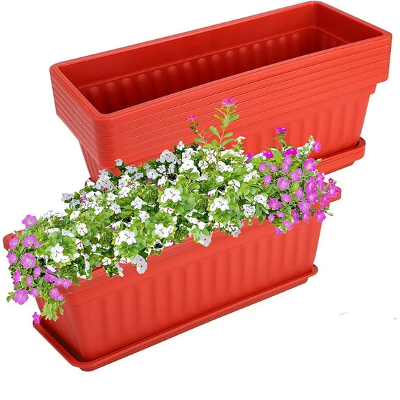 Thicken Window Box Planter, 1 Pack Plastic Vegetable Flower Planters Boxes 17 Inches Rectangular Flower Pots with Saucers for Indoor Outdoor Garden, Patio, Home Decor (Brick Red)