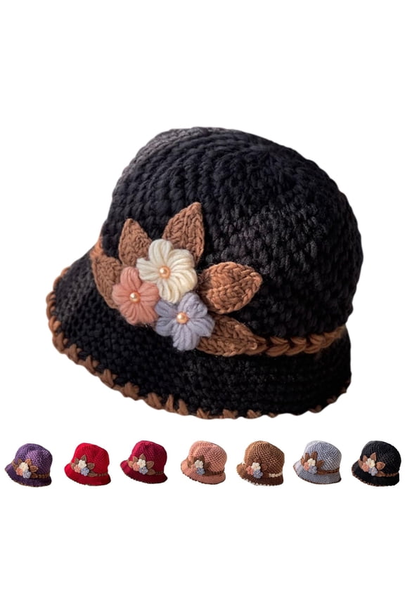 Thicken Women's Flowers Knitted Woolen Hat,Knitted Crochet Beanie Hat with Flower
