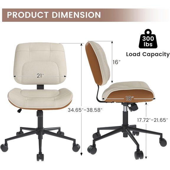 Thickened Armless Office Chair with Wheels, Adjustable Height Vanity Chair PU Leather Mid Back 360 °   Swivel No Arms Ergonomic Computer Desk Chair for Home Meeting Bedroom Small Space - Beige