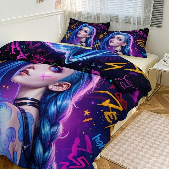 Thickened Bed Three Piece Set, Arcane Blue Jinx Printed Soft Bedding Set With Pillow Shams 79"x90"