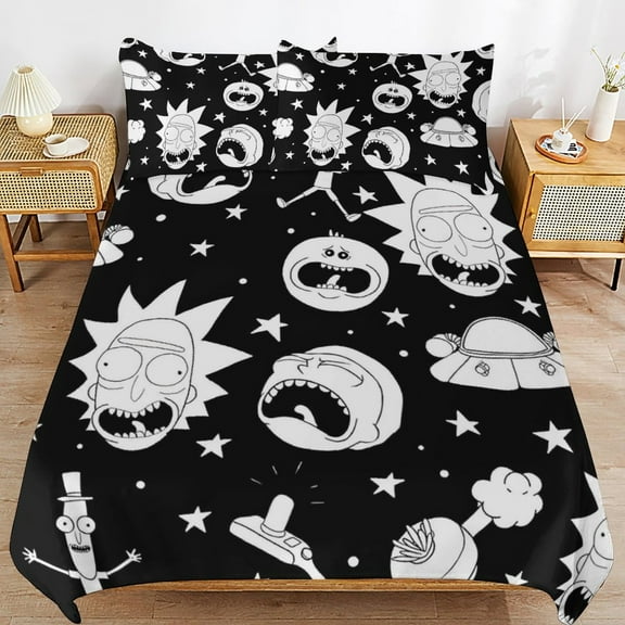 Thickened Bed Three Piece Set, Cartoon Rick And Morty Printed Soft Bedding Set With Pillow Shams 79"x90"