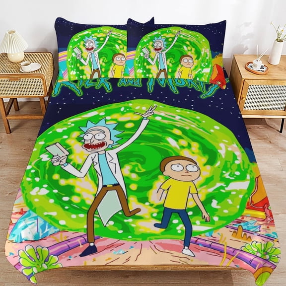 Thickened Bed Three Piece Set, Cartoon Rick And Morty Printed Soft Bedding Set With Pillow Shams 79"x90"