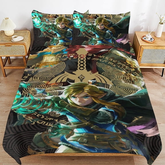 Thickened Bed Three Piece Set, Tears Of Kingdom Zelda Printed Soft Bedding Set With Pillow Shams 102"x90"