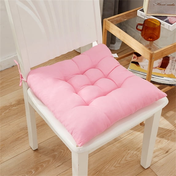 Thickened Chair Cushion Solid Color Brushed Fabric Seat Pad with Tie Straps for Dining Chair Office Home Car Seat,Soft Non Slip Comfortable Pink 16×16 Inch
