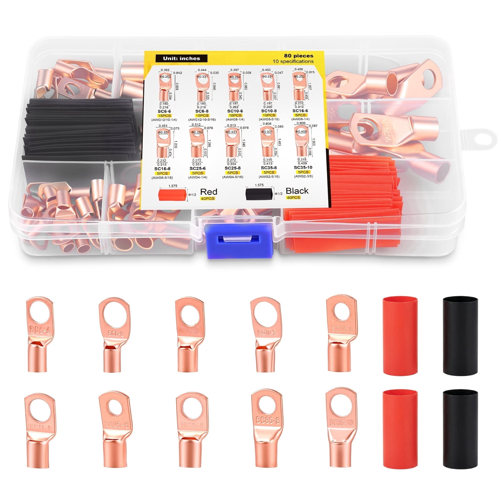 160Pcs Copper Wire Lug Kit Thickened Design AWG 2 4 6 8 10 12 Gauge Battery Cable Lugs with 80 Pcs 3:1 Heat Shrink Tubing - Marine Solar Automotive Wire Connectors