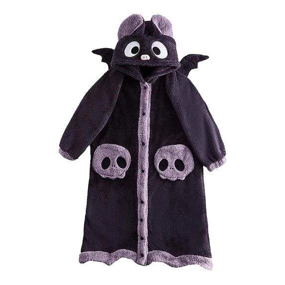 Thickened Coral Velvet Women Robe Winter Long Sleeve Cartoon Bat Hooded Sleepwear with Pocket Household Loungewear