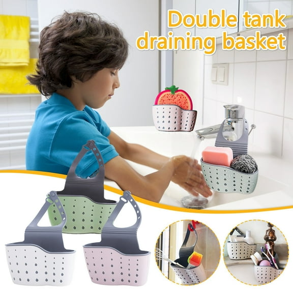 Thickened Double Layer Draining Hanging Sink Organizer | TPR Durable Water-Drop Design | Snap Closure | Stable Compartments | Sponge Holder | 21x8.5cm | 1 Basket