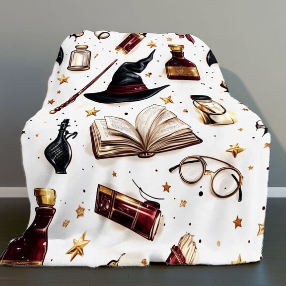 Thickened Flannel Blanket - Soft All-Season Throw with Wizard Wand, Owl & Potion Designs - Velvet-Like Bedspread for Adults Teens Pets, Home Travel Camping Halloween Gift, Machine Washable