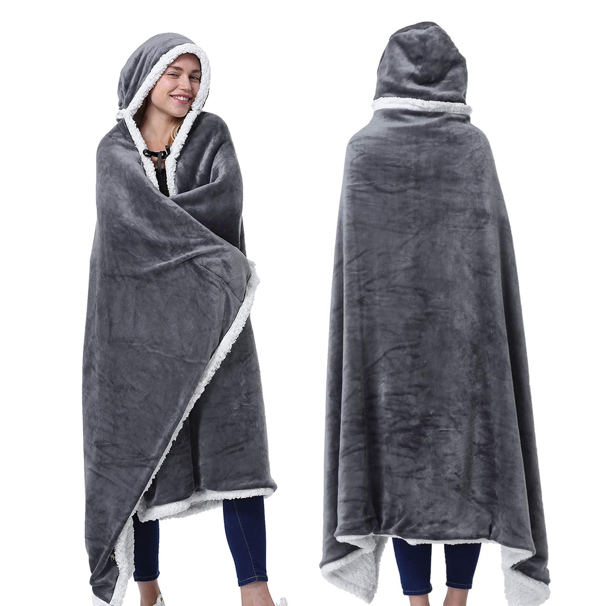 Thickened Fleece Wearable Throw Blanket Hooded Cloak Winter Warm Hooded