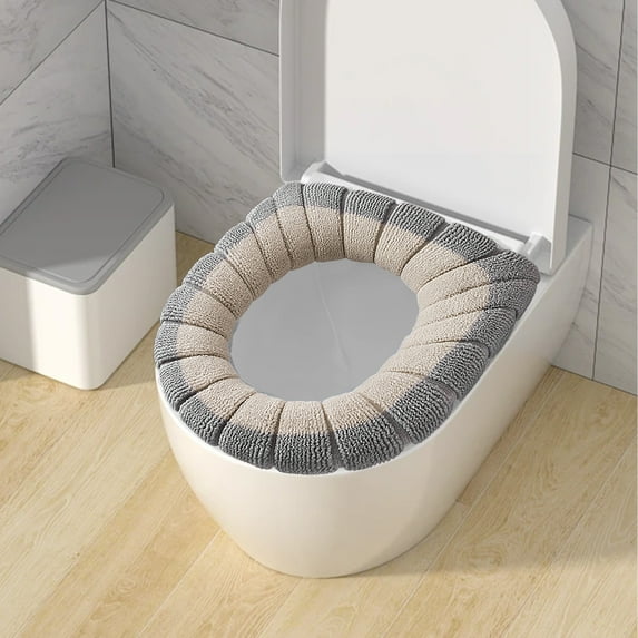 Thickened Four Seasons Toilet Seat Cover, Knitted Washable Elongated Toilet Pad with Handle, Non-Slip Bathroom Seat Protector for Round and Rectangular Toilets