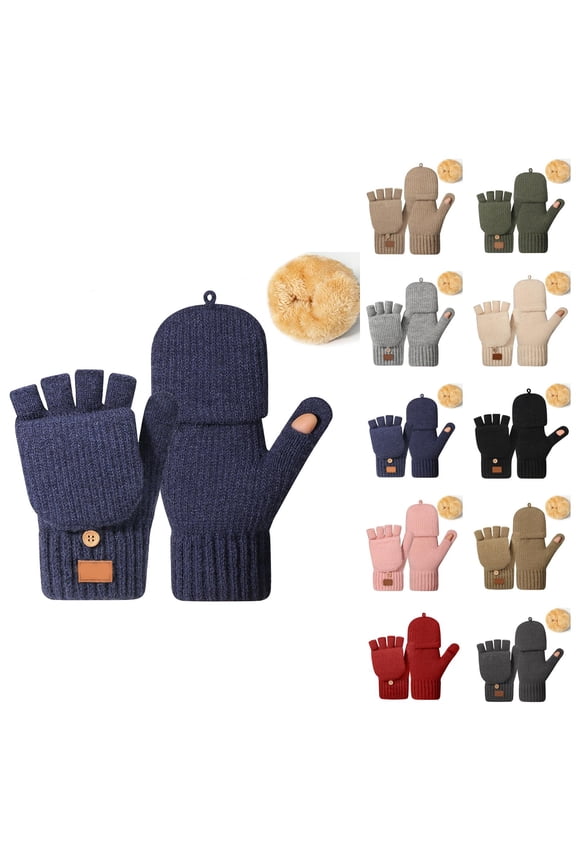 Thickened Half Finger Knitted Gloves for Cold & Warmth, Convertible Fingerless Mittens with Thumb Cap for Women Men Winter Thermal Half and Full Coverage