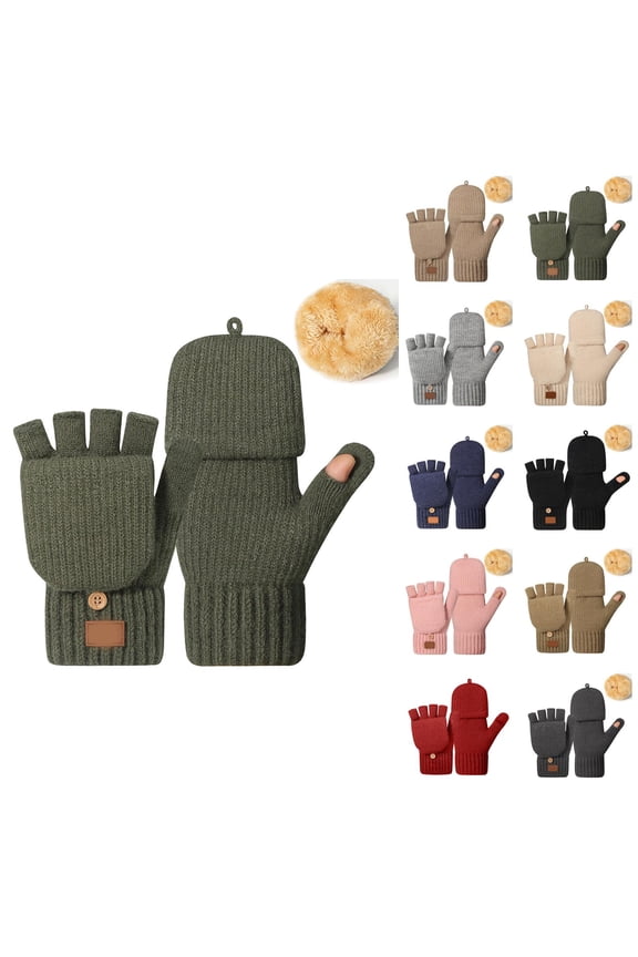 Thickened Half Finger Knitted Gloves for Cold & Warmth, Convertible Fingerless Mittens with Thumb Cap for Women Men Winter Thermal Half and Full Coverage