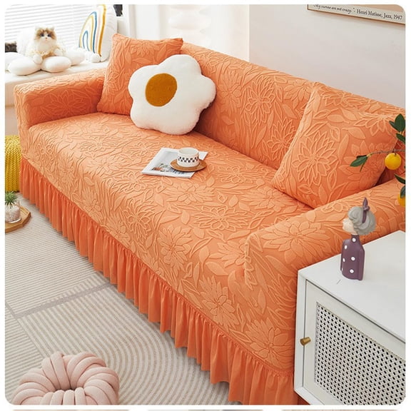Thickened Non-Slip Full Coverage Sofa Slipcover, Stretch Plush Jacquard Couch Cover with Ruffled Skirt