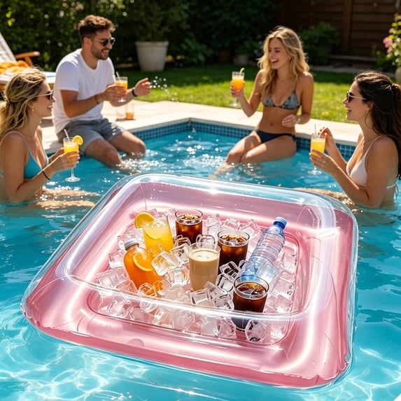 Thickened PVC Inflatable Pool Floating Ice Bar Serving Tray with Multi Drink Cup Holders, Large Capacity Water Fruit Beverage Snack Float, Summer Party Accessory for Swimming Pool, Pink