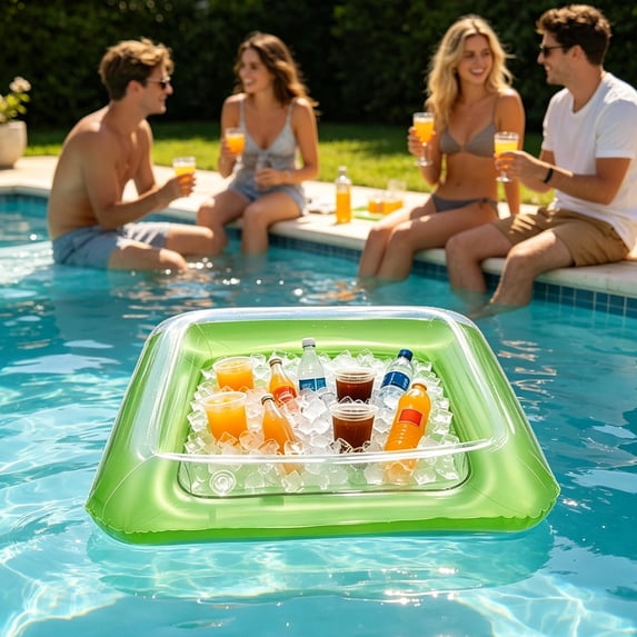 Thickened PVC Inflatable Pool Floating Ice Bar Serving Tray with Multi Drink Cup Holders, Large Capacity Water Fruit Beverage Snack Float, Summer Party Accessory for Swimming Pool, Green