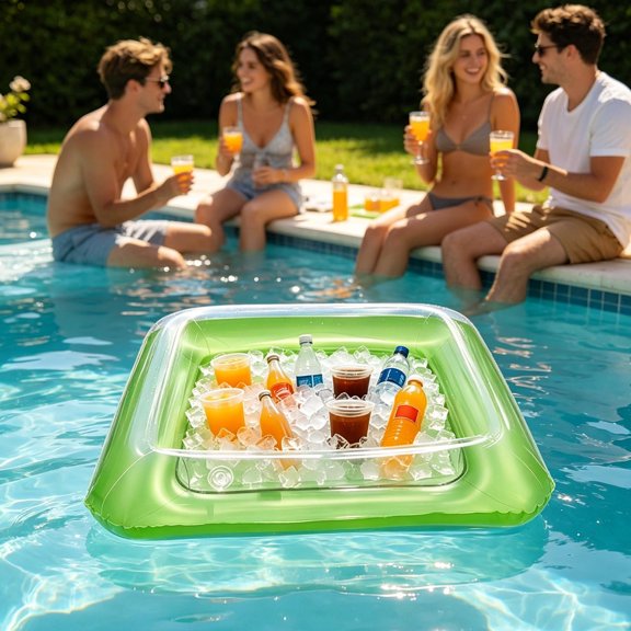 Thickened PVC Inflatable Pool Floating Ice Bar Serving Tray with Multi Drink Cup Holders, Large Capacity Water Fruit Beverage Snack Float, Summer Party Accessory for Swimming Pool, Green