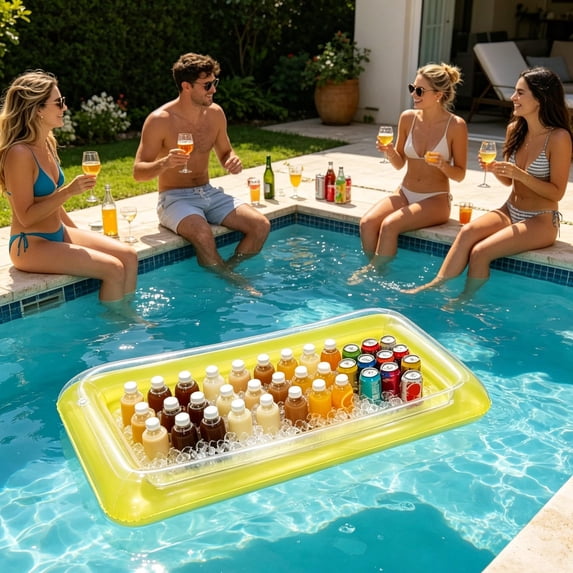 Thickened PVC Inflatable Swimming Pool Floating Drink Cooler Bar, Multi Slot Beverage Fruit Snack Serving Tray with Cup Holders, Summer Water Party Accessory for Pool Beach Lake Outdoor, Yellow