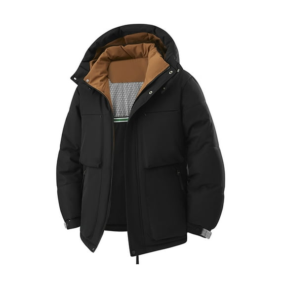 Thickened Parka Jackets for Men Solid Color Puffer Coat Hooded Winter Warm Jacket Outwear Coat for Daily Wear Coffee L