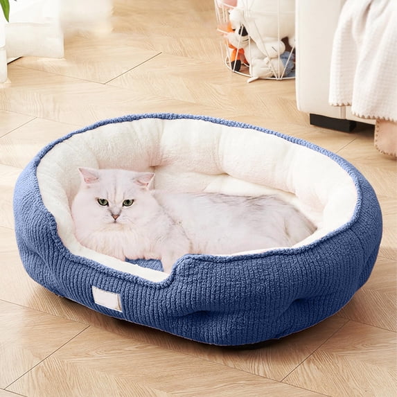 Thickened Pet Bed for Cats and Small Dogs,Cozy Scallop-Shaped Oval Nest with Soft Velvet and Fleece,STeenproof Base for Indoor Use,Warm Sleeping Pad for Youngster Pets All Seasons(Blue)