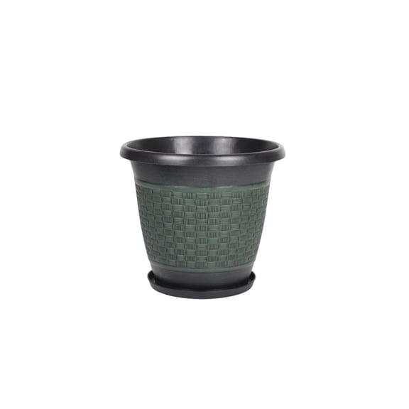 Thickened Plastic Flower Pot Outdoor, Black Embossed Faux Rattan Style Planter with Drip Tray for Garden Patio Balcony, Housewarming Gift for Plant Lover