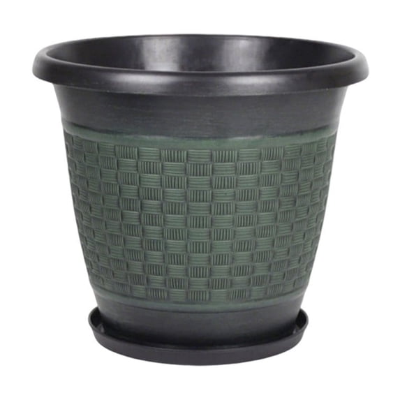 Thickened Plastic Flower Pot Outdoor, Black Embossed Faux Rattan Style Planter with Drip Tray for Garden Patio Balcony, Housewarming Gift for Plant Lover