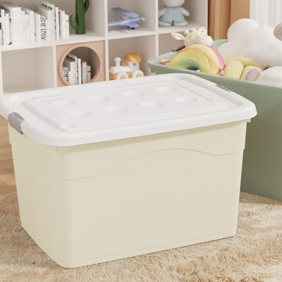 Thickened Plastic Storage Box, Large-Capacity Home Organizer for Quilts/Clothes/Toys, Bedroom & Living Room Storage Case , Easy-Clean (18.11x12.59x10.62in,Beieg)