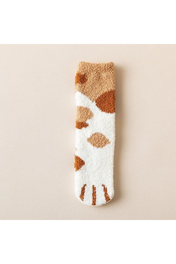 Thickened Plush Cat Paw Socks for Women - Warm Fleece with Silicone Grip for Floors (One Size, 5 Pairs)