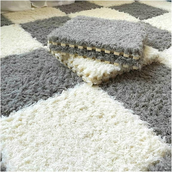 Thickened Plush Foam Interlocking Floor Carpet Mat,24 Piece 12x12in Fluffy Square Puzzle Foam Carpet Tiles with Edgings,Soft Anti-Slip Shaggy Area Rug Playmat(Color:Grey+White)