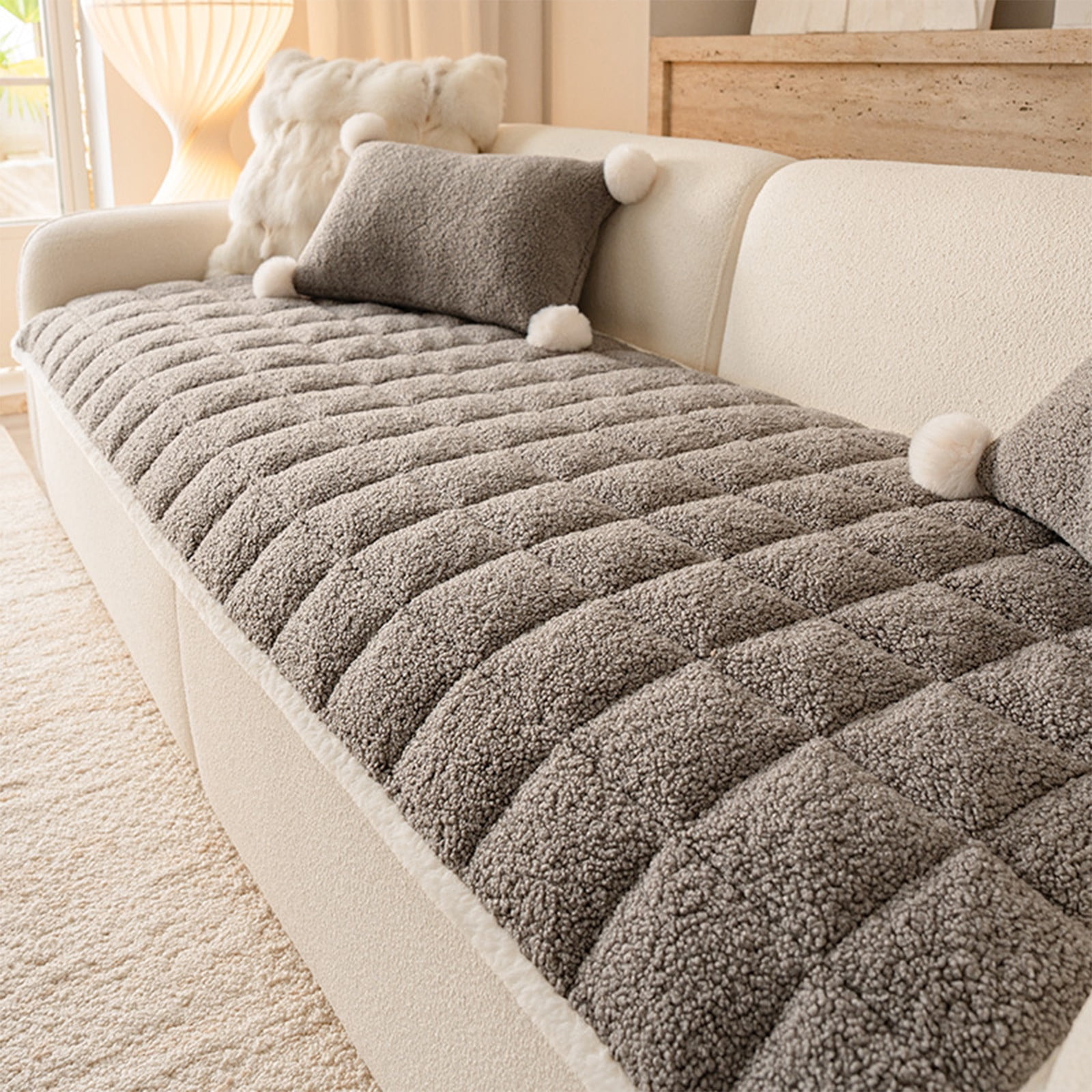 Thickened Plushs Sofa Cushions for Autumns and Winter Superb-feeling Fixed Non-slide Straight-line Seat Cushions Suitable for Sofa Decoration, New, Style-hd-250, Gray