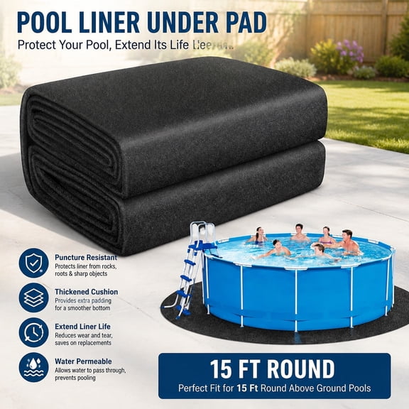 Thickened Pool Liner Under Pad for Above Ground Pools, 15 FT Round Pool Ground Mat, Protective Pool Bottom Cushion, Puncture Resistant, Extend Liner Durability