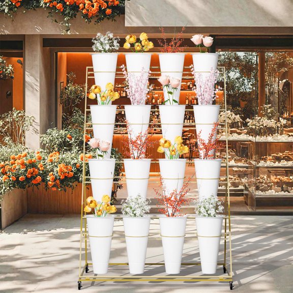 Thickened and Reinforced Flower Bucket Display Rack with Universal Lockable Wheels, 4-Tier Iron Floral Cart with 16 Buckets, Durable Alternative to Plastic for Florist Shops and Weddings