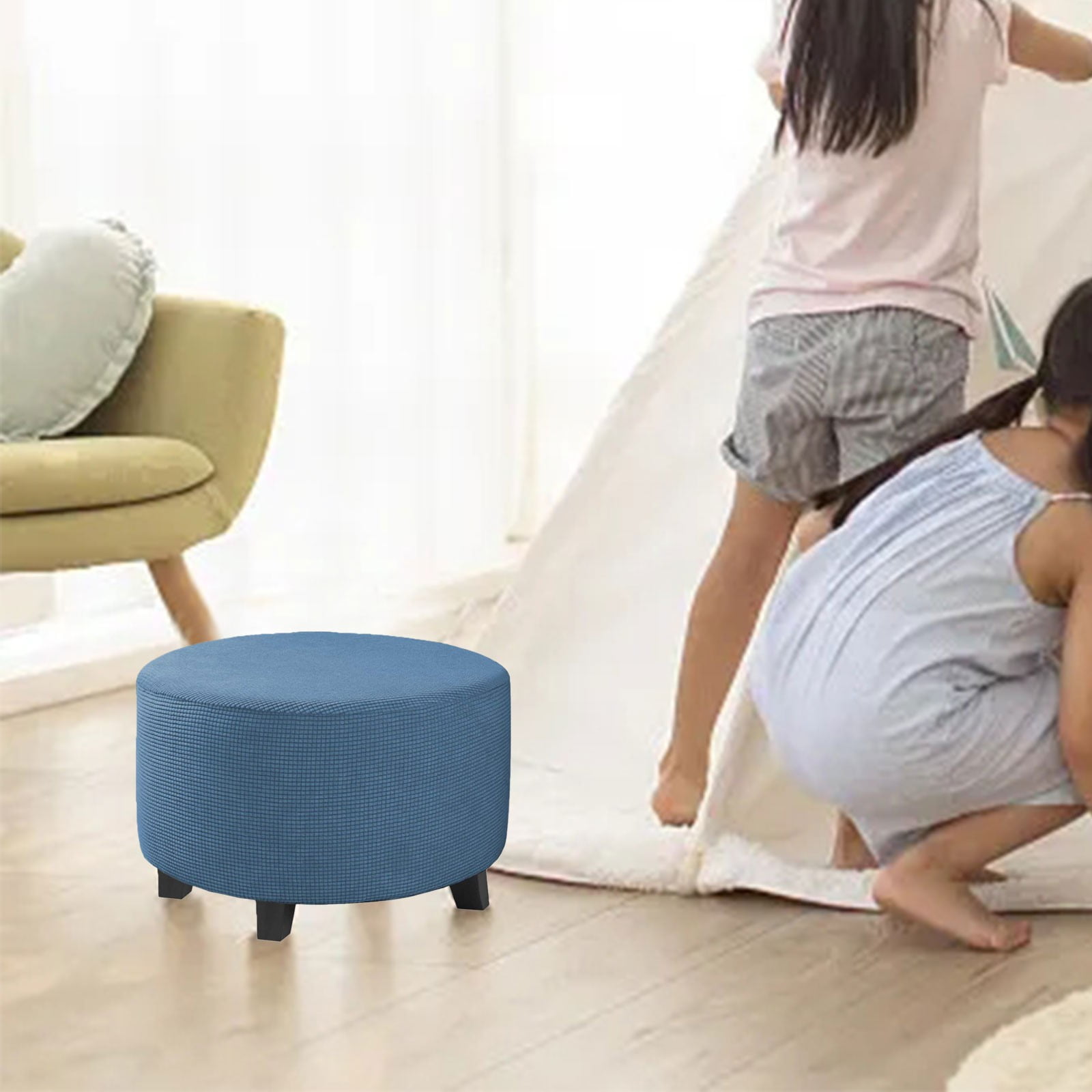 Thickened Solid Color Round Low Stool Ottoman Cover Elastic Full Cover