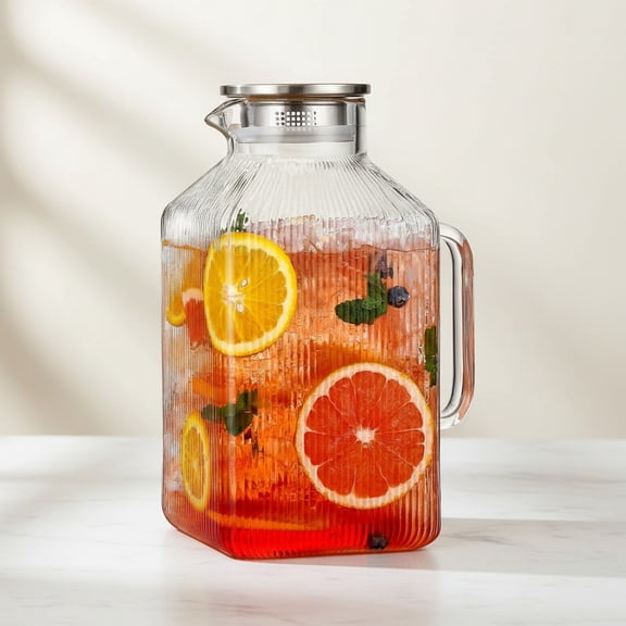 Thickened Square Glass Pitcher with Lid, Classic Stripes Water Pitchers for Fridge, Borosilicate Glass Carafe for Hot/Cold Brew Drink, Extra Large Jug with Handle for Iced Tea, Coffee, Juice