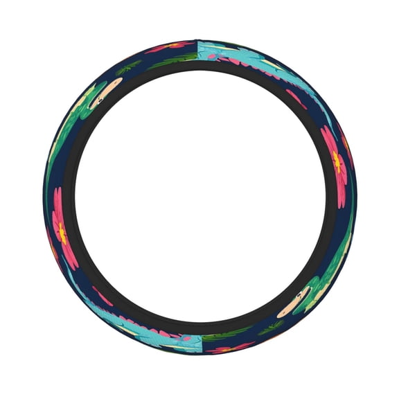 Thickened Steering Wheel Cover Water-Resistant Non-Slip Breathable Easy To Install Machine Washable Fits Sedans Suvs Trucks Cute Dinosaurs And Green-Banded Leaves