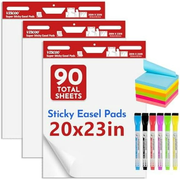 Thickened Sticky Easel Pad, 20 x 23 Inches Flip Chart Paper for Teachers,Giant Self-Stick Chart Paper for Wall, Anchor Chart Paper for Office Classroom with Sticky Note, 90 Sheets/3 Pads$$Art & Craft