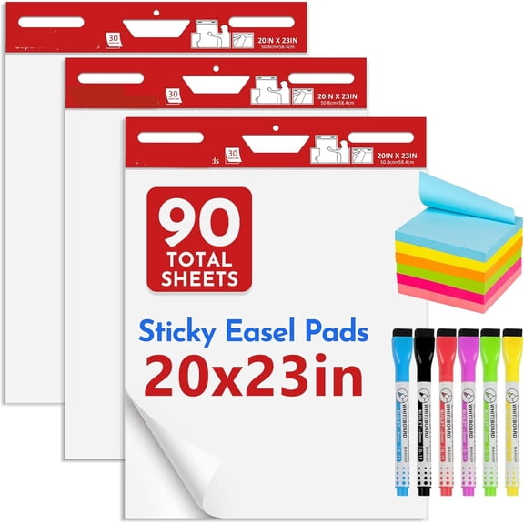 Thickened Sticky Easel Pad, 20 x 23 Inches Flip Chart Paper for Teachers,Giant Self-Stick Chart Paper for Wall, Anchor Chart Paper for Office Classroom with Sticky Note, 90 Sheets/3 Pads