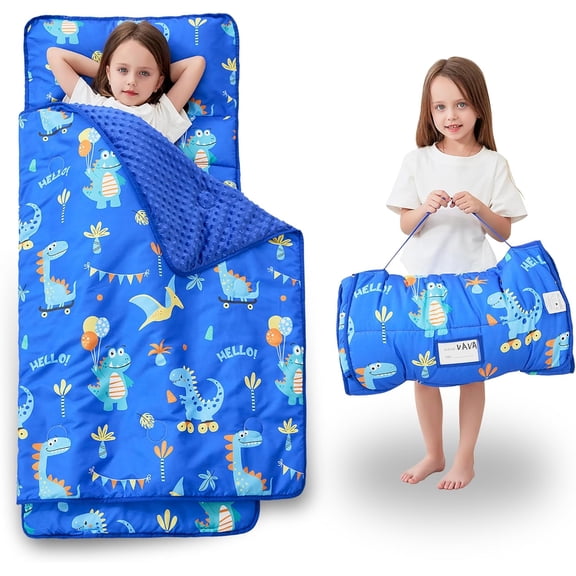 Thickened Toddler Nap Mat with Removable Pillow and Minky Blanket, Extra Large 55''x35'' Sleeping Bag, Washable, Roll up, Perfect for Daycare, Preschool, Kindergarten, Boys and Girls Blue