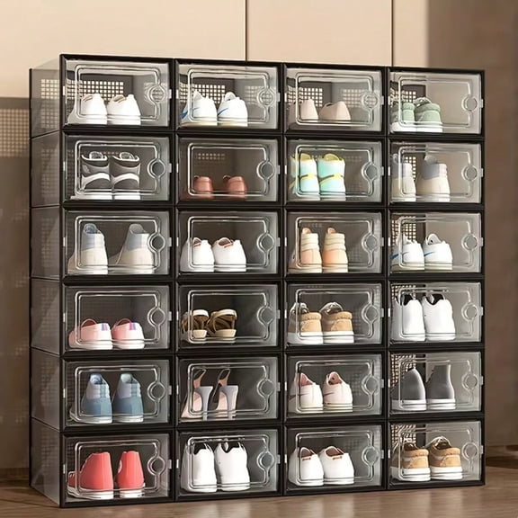 Thickened Transparent Plastic Shoe Boxes with Lids, Foldable Stackable Shoe Storage Organizers, Available in 6/12/24 Pack, Space-Saving Containers for All Shoe Types