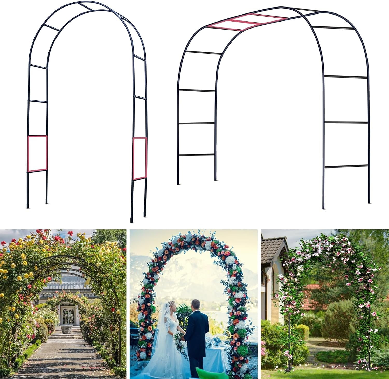 Black Lacquered Metal Garden Arch Trellis for Climbing Plants