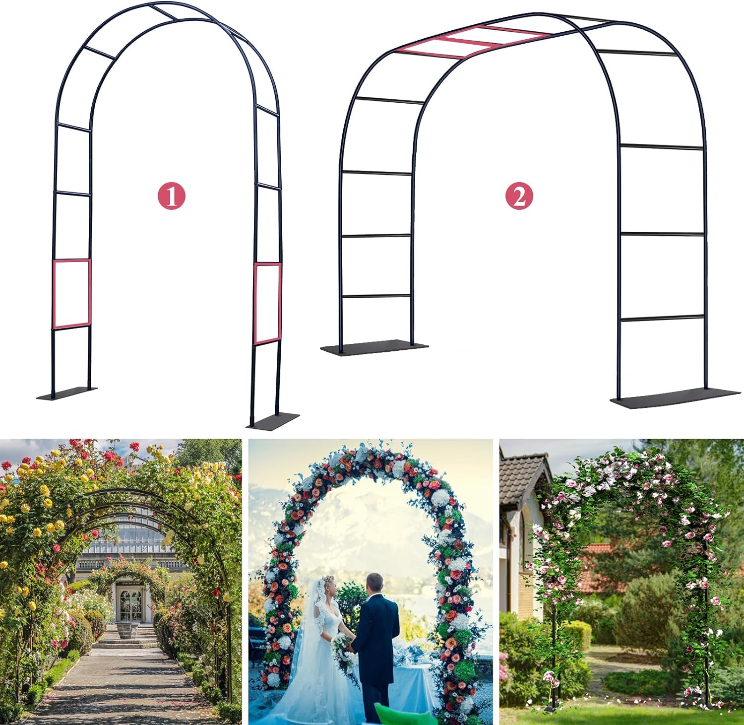 Black Lacquered Metal Garden Arch Trellis for Climbing Plants