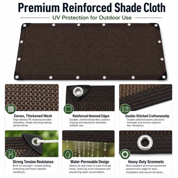 Thickened UV Sunshade Net with Reinforced Grommets, 90% Blockout Heat Insulation Shade Cloth for Garden Patio Plants, Coffee Color, Outdoor Camping Canopy