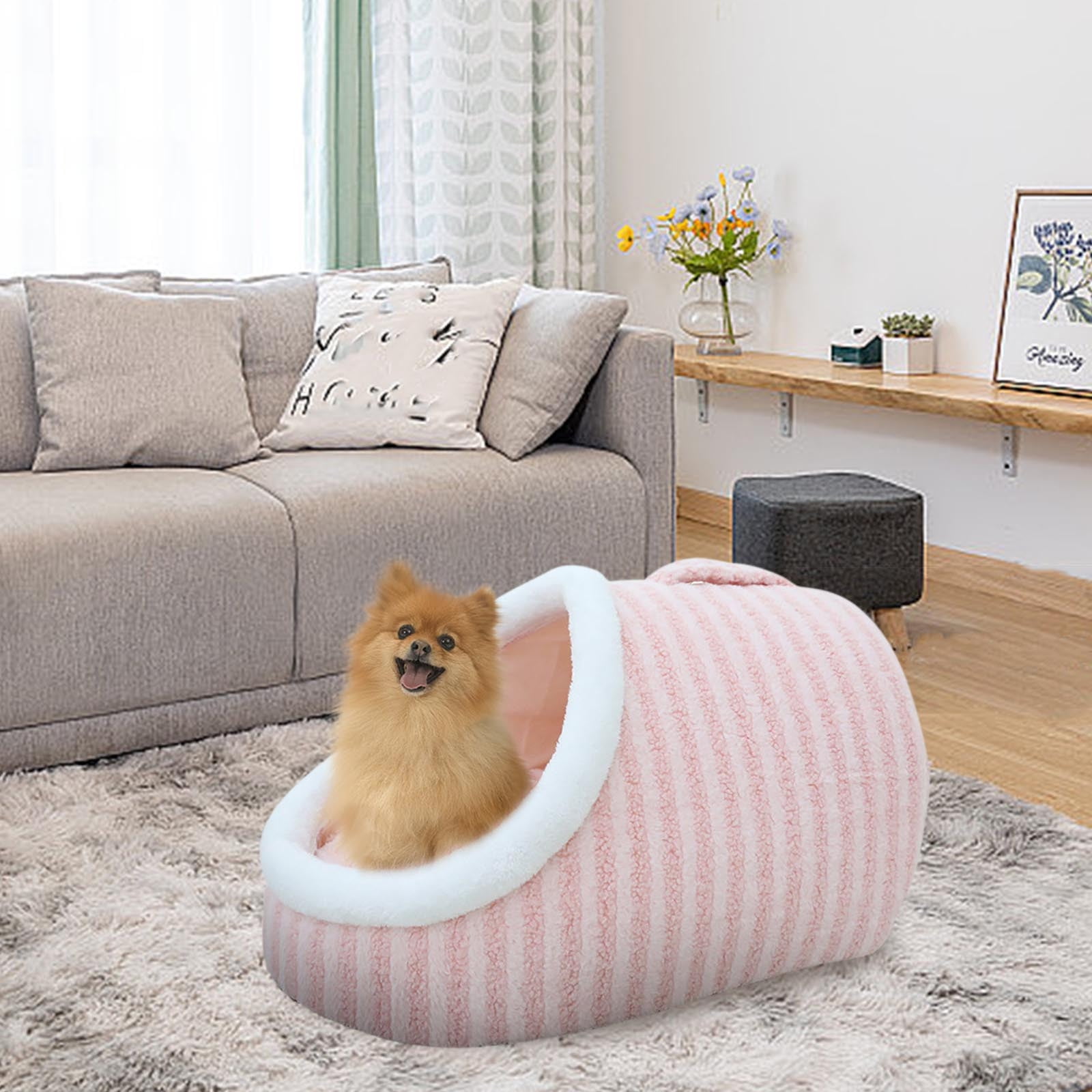 Thickened Warm Pet Bed for Dogs and Cats, Macaron Color Portable Pet Crate with Handle, Soft Sponge Filled Washable Small Dog Bed, Cozy Winter Pet House for Indoor Outdoor Use