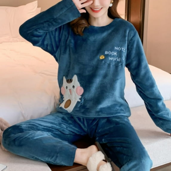 Thickened Warm Sleepwear for Winter Flannel Round Neck School Loungewear Set Ladies Pajamas Long Sleeves Cat (Bluemao,M(35-45kg))