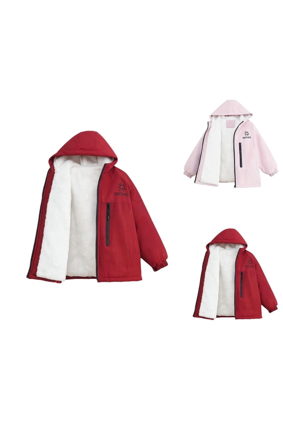Thickened Windproof Winter Coat with Padding, Thermal Full Zip Jacket for Boys Girls, Lined Heavyweight Outdoor Jacket with Hood and Pocket