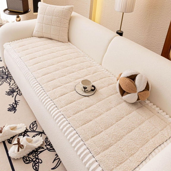 Thickened Winter Sofa Cushion, Non-Slip Plush Seat Pad for Living Room, Washable Quilted Chair Cushion Cover for Home Decor(Beige)