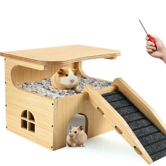 Thickened Wooden Enlarged Guinea Pig Castle Hideout, Durable Hamster House with Stairs & Mat, Bed for Small Pet Piggies Chinchilla Rat Hamster Bunny