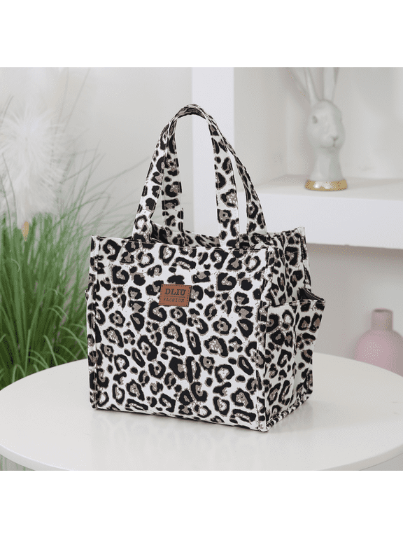 Unisex Leopard Print Fabric Tote Bag, White, 1-Piece